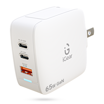 iGear Core 65: 65W GaN Fast Charger, Type-C PD & QC 4.0+PPS Adapter, 2 x  USB Type-C + 1 x USB A Port, for MacBook, Laptops, iPads, Tablets, Also  Compatible with iPhone